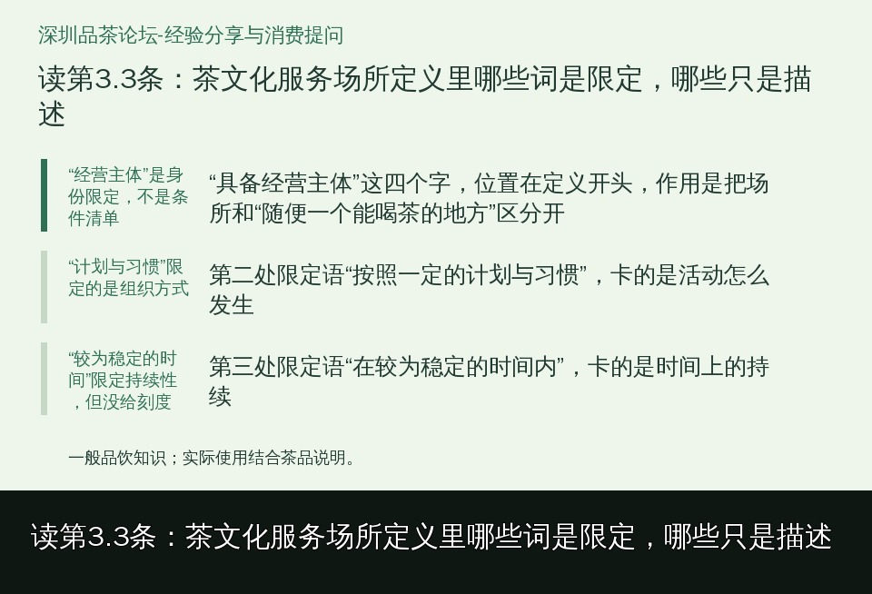 读第3.3条:茶文化服务场所定义里哪些词是限定,哪些只是描述的知识要点示意图