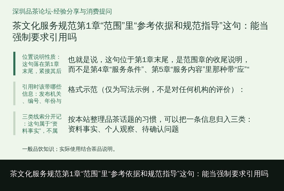 茶文化服务规范第1章“范围”里“参考依据和规范指导”这句:能当强制要求引用吗的知识要点示意图