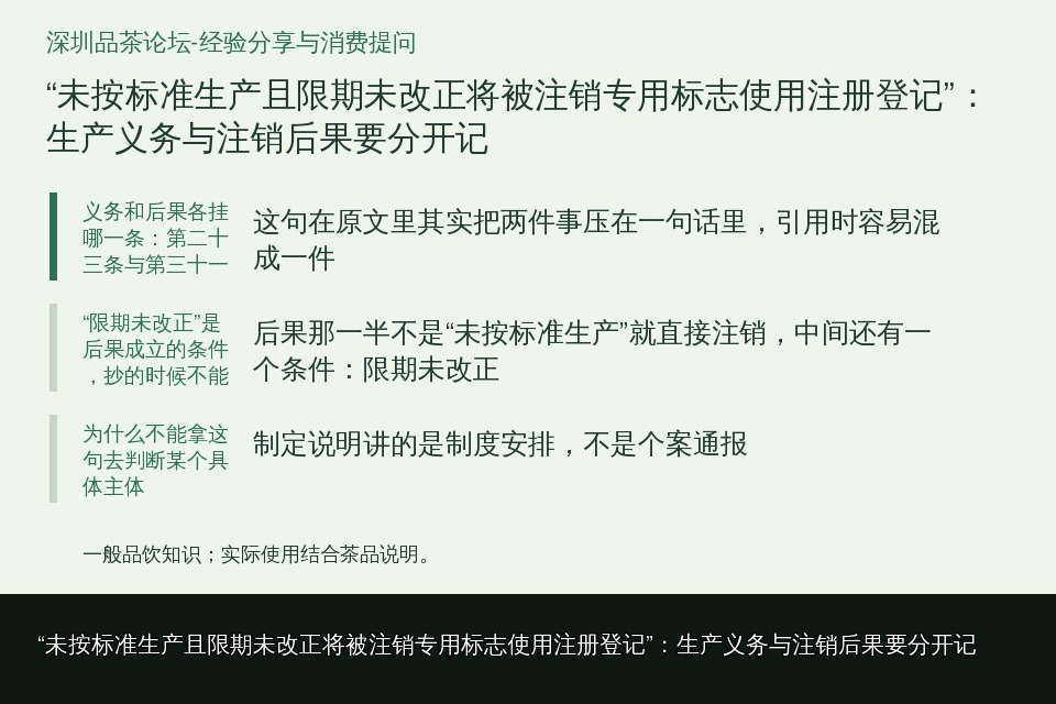 “未按标准生产且限期未改正将被注销专用标志使用注册登记”：生产义务与注销后果要分开记的知识要点示意图